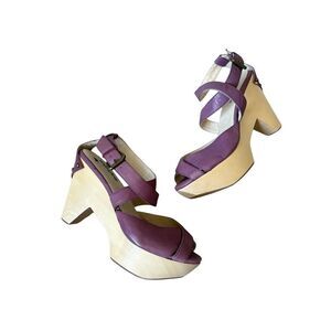 Farylrobin Anthropologie Chunky Wooden Heel Sandals size 9 Purple Leather
